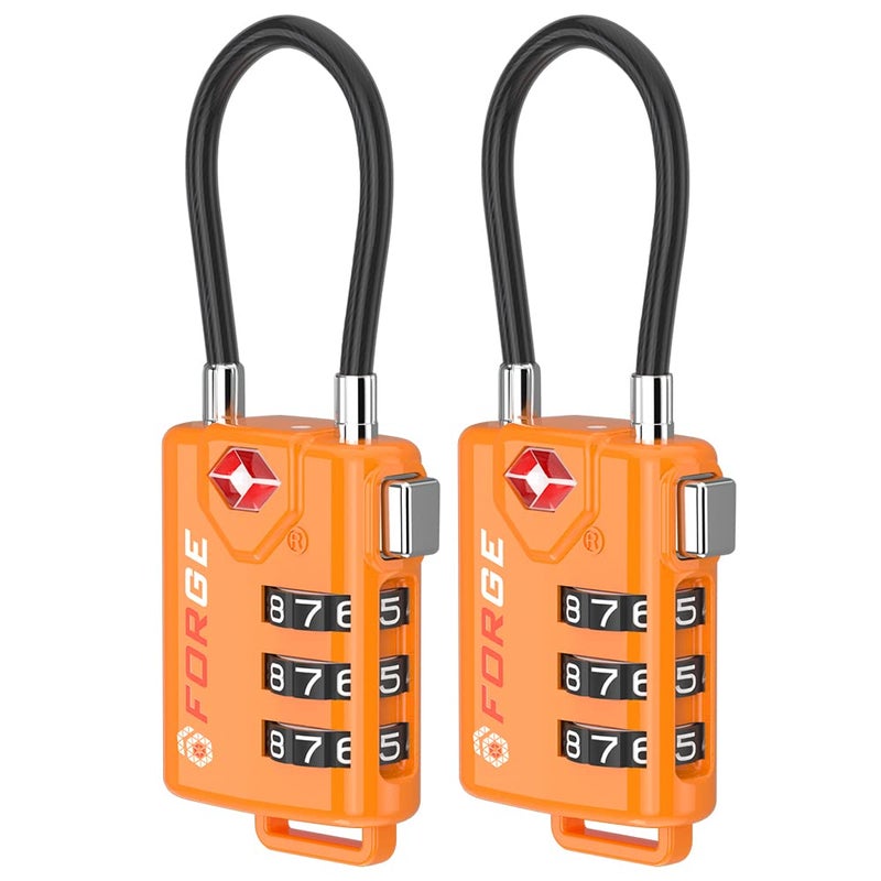 Forge TSA Approved Cable Luggage Locks, Re-settable Combination with Alloy Body, Orange 2 Locks. - Image 1